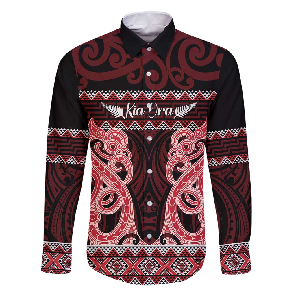 Kia Ora New Zealand Family Matching Long Sleeve Bodycon Dress and Hawaiian Shirt Maori Language Week Whero Taniko Motif LT14 Dad's Shirt - Long Sleeve Red - Polynesian Pride