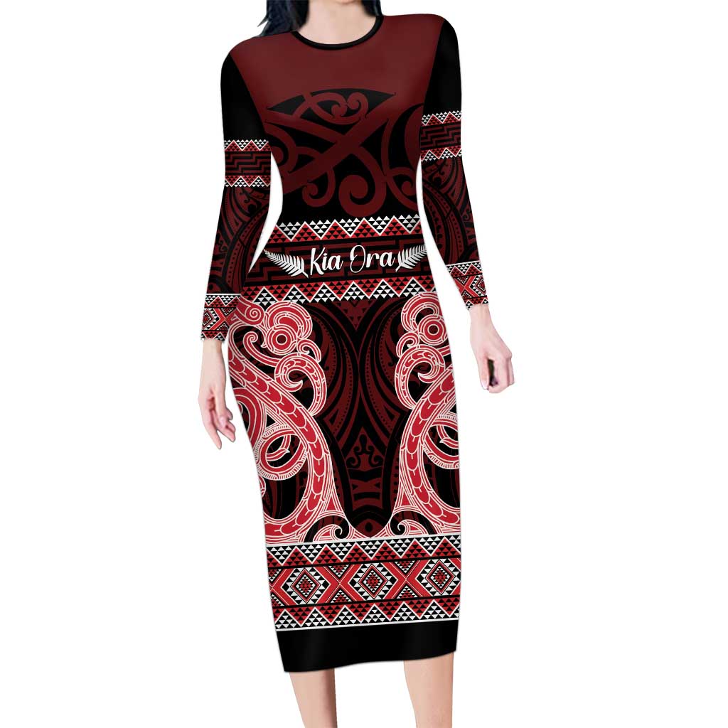 Kia Ora New Zealand Family Matching Long Sleeve Bodycon Dress and Hawaiian Shirt Maori Language Week Whero Taniko Motif LT14 Mom's Dress Red - Polynesian Pride