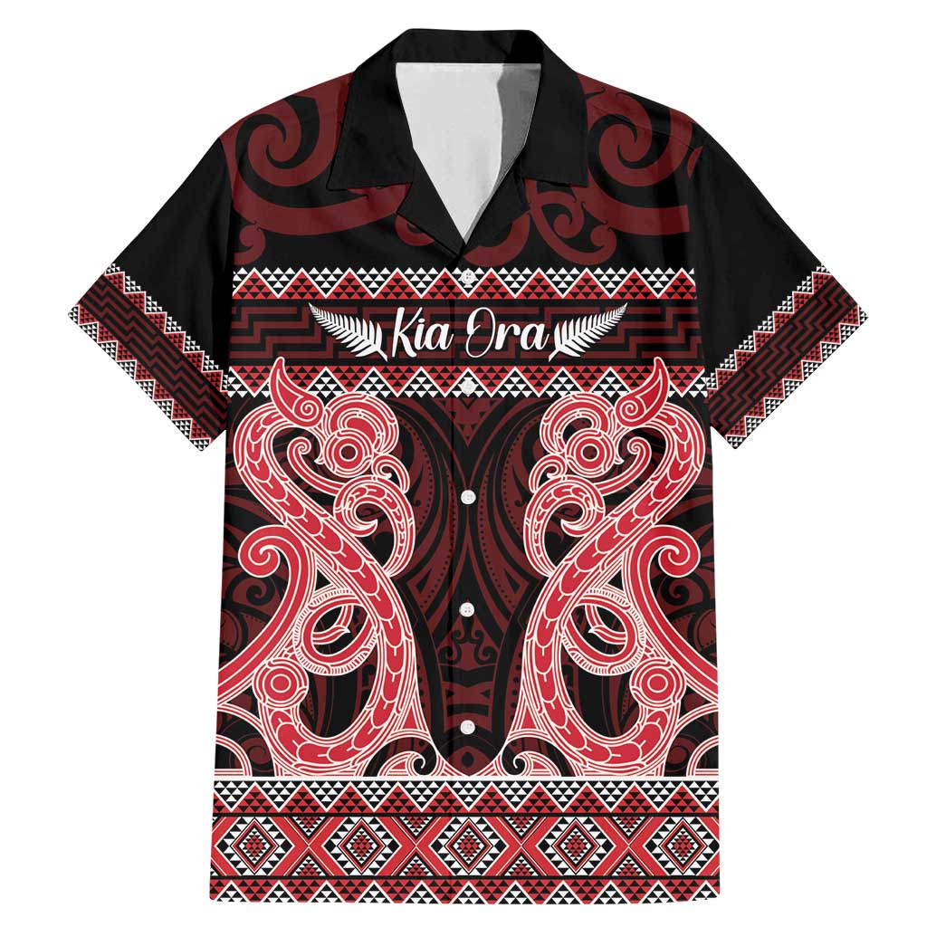 Kia Ora New Zealand Family Matching Mermaid Dress and Hawaiian Shirt Maori Language Week Whero Taniko Motif LT14 Dad's Shirt - Short Sleeve Red - Polynesian Pride