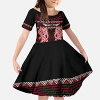 Kia Ora New Zealand Family Matching Off The Shoulder Long Sleeve Dress and Hawaiian Shirt Maori Language Week Whero Taniko Motif LT14 Daughter's Dress Red - Polynesian Pride