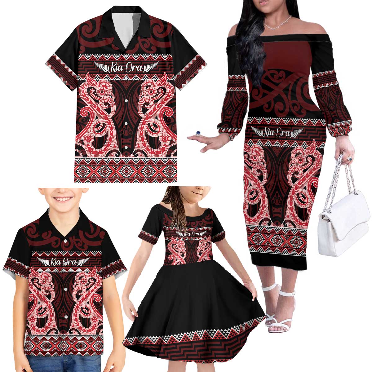 Kia Ora New Zealand Family Matching Off The Shoulder Long Sleeve Dress and Hawaiian Shirt Maori Language Week Whero Taniko Motif LT14 - Polynesian Pride