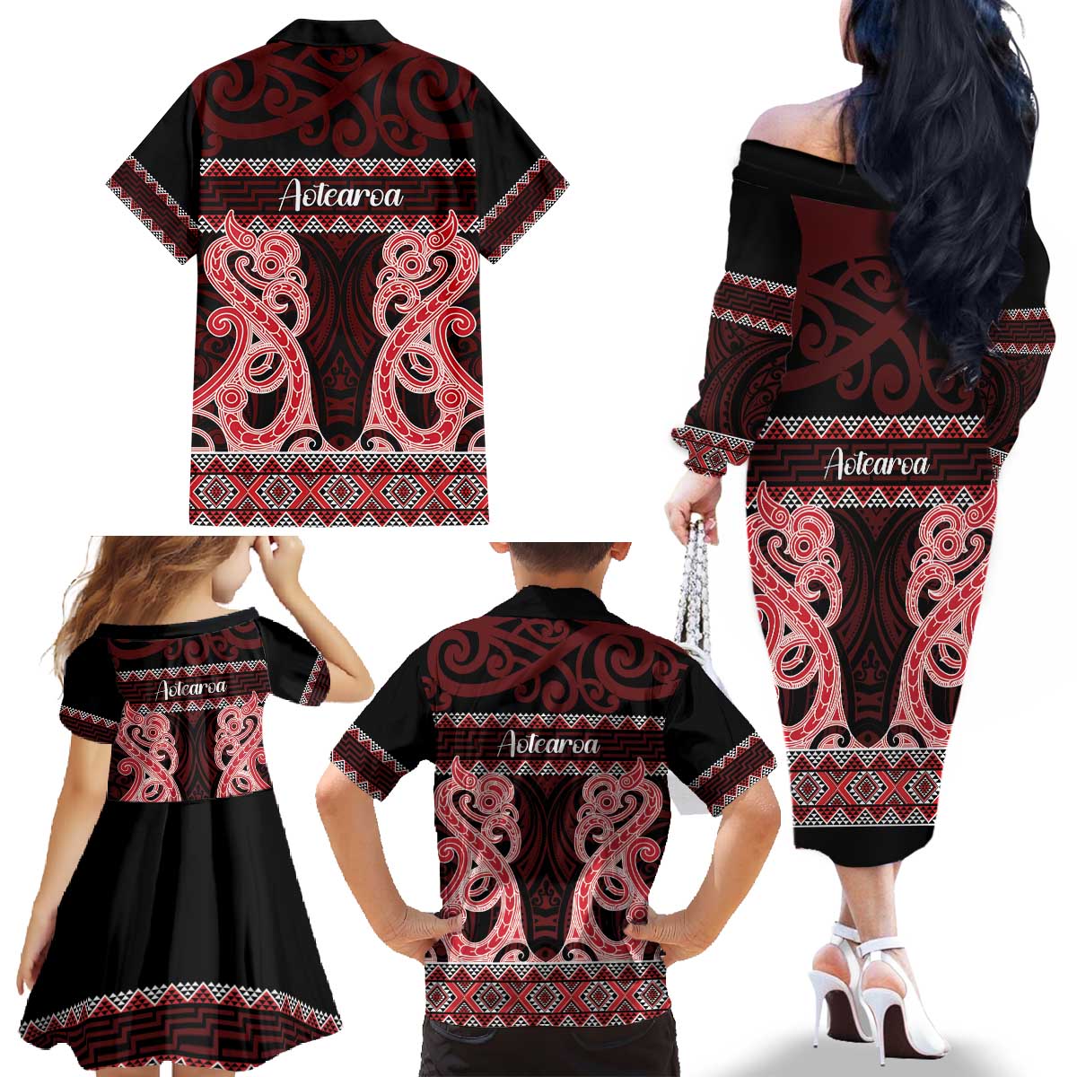 Kia Ora New Zealand Family Matching Off The Shoulder Long Sleeve Dress and Hawaiian Shirt Maori Language Week Whero Taniko Motif LT14 - Polynesian Pride