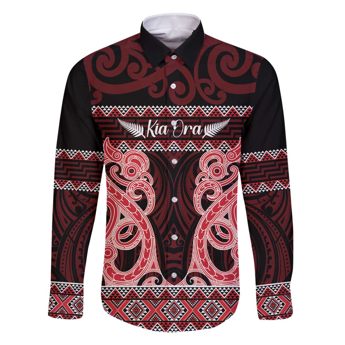 Kia Ora New Zealand Family Matching Off The Shoulder Long Sleeve Dress and Hawaiian Shirt Maori Language Week Whero Taniko Motif LT14 Dad's Shirt - Long Sleeve Red - Polynesian Pride