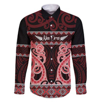 Kia Ora New Zealand Family Matching Off The Shoulder Long Sleeve Dress and Hawaiian Shirt Maori Language Week Whero Taniko Motif LT14 Dad's Shirt - Long Sleeve Red - Polynesian Pride
