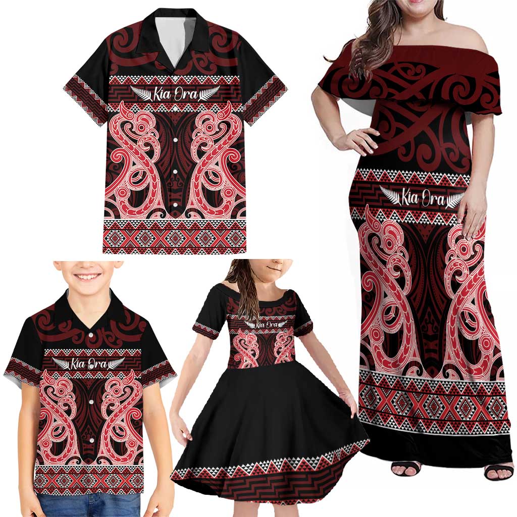 Kia Ora New Zealand Family Matching Off Shoulder Maxi Dress and Hawaiian Shirt Maori Language Week Whero Taniko Motif LT14 - Polynesian Pride