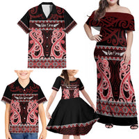 Kia Ora New Zealand Family Matching Off Shoulder Maxi Dress and Hawaiian Shirt Maori Language Week Whero Taniko Motif LT14 - Polynesian Pride