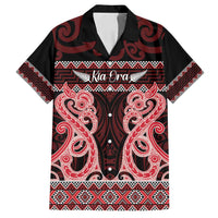 Kia Ora New Zealand Family Matching Off Shoulder Maxi Dress and Hawaiian Shirt Maori Language Week Whero Taniko Motif LT14 Dad's Shirt - Short Sleeve Red - Polynesian Pride