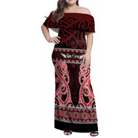 Kia Ora New Zealand Family Matching Off Shoulder Maxi Dress and Hawaiian Shirt Maori Language Week Whero Taniko Motif LT14 Mom's Dress Red - Polynesian Pride