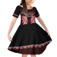 Kia Ora New Zealand Family Matching Off Shoulder Short Dress and Hawaiian Shirt Maori Language Week Whero Taniko Motif LT14 Daughter's Dress Red - Polynesian Pride