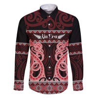 Kia Ora New Zealand Family Matching Off Shoulder Short Dress and Hawaiian Shirt Maori Language Week Whero Taniko Motif LT14 Dad's Shirt - Long Sleeve Red - Polynesian Pride