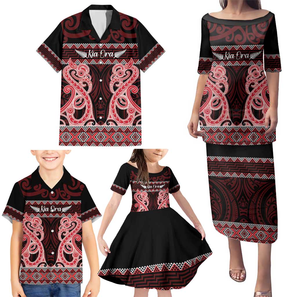Kia Ora New Zealand Family Matching Puletasi and Hawaiian Shirt Maori Language Week Whero Taniko Motif - Polynesian Pride