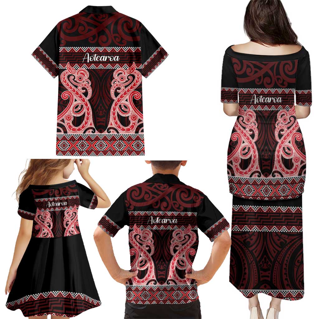 Kia Ora New Zealand Family Matching Puletasi and Hawaiian Shirt Maori Language Week Whero Taniko Motif LT14 - Polynesian Pride