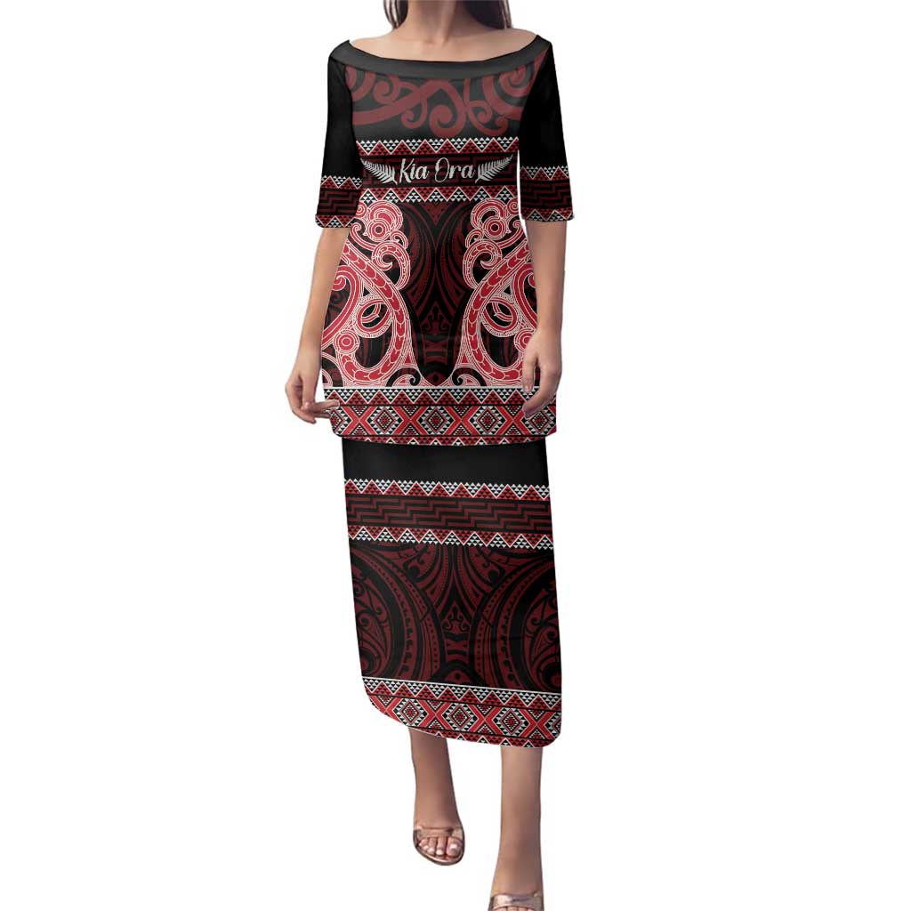 Kia Ora New Zealand Family Matching Puletasi and Hawaiian Shirt Maori Language Week Whero Taniko Motif LT14 Mom's Dress Red - Polynesian Pride