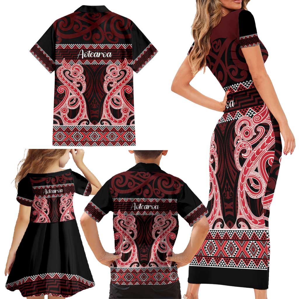 Kia Ora New Zealand Family Matching Short Sleeve Bodycon Dress and Hawaiian Shirt Maori Language Week Whero Taniko Motif LT14 - Polynesian Pride