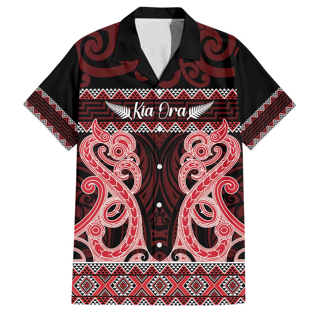 Kia Ora New Zealand Family Matching Summer Maxi Dress and Hawaiian Shirt Maori Language Week Whero Taniko Motif LT14 Dad's Shirt - Short Sleeve Red - Polynesian Pride