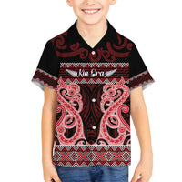 Kia Ora New Zealand Family Matching Summer Maxi Dress and Hawaiian Shirt Maori Language Week Whero Taniko Motif LT14 Son's Shirt Red - Polynesian Pride