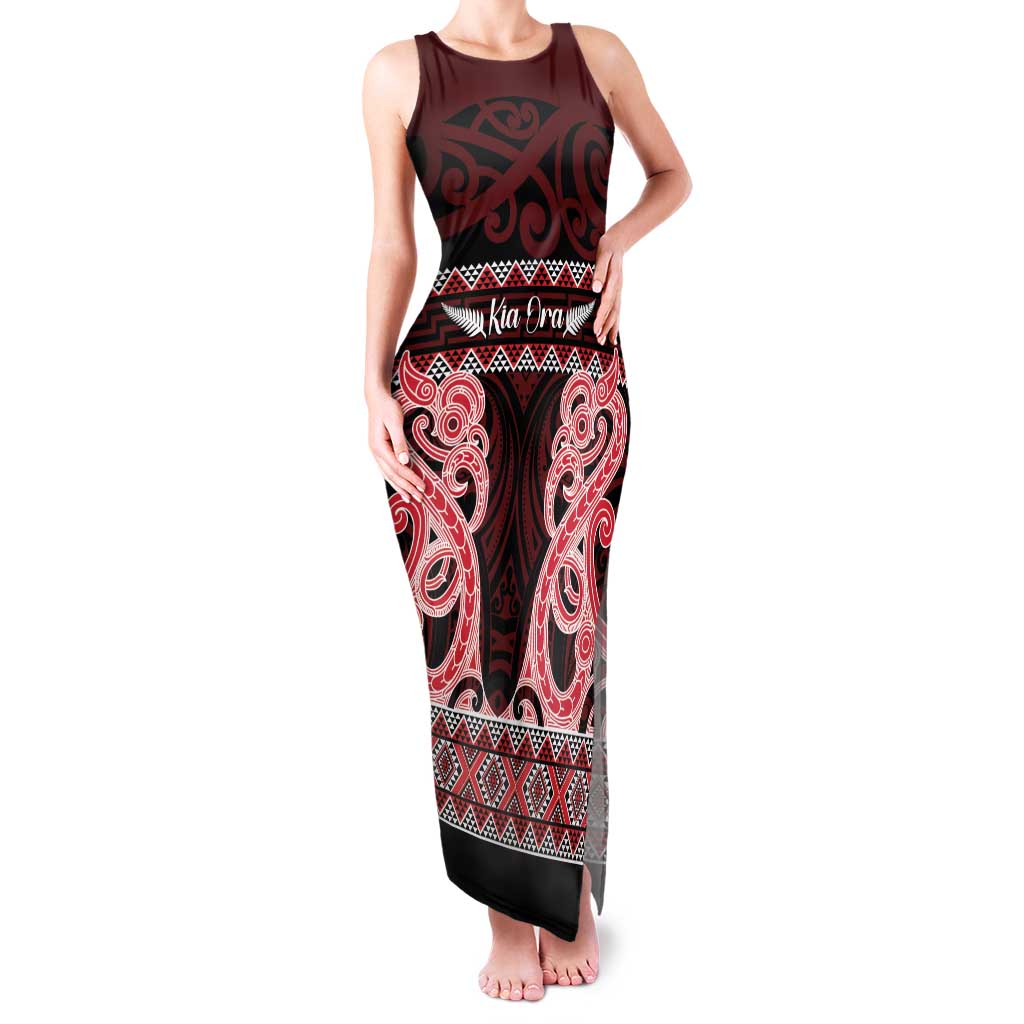 Kia Ora New Zealand Family Matching Tank Maxi Dress and Hawaiian Shirt Maori Language Week Whero Taniko Motif LT14 Mom's Dress Red - Polynesian Pride