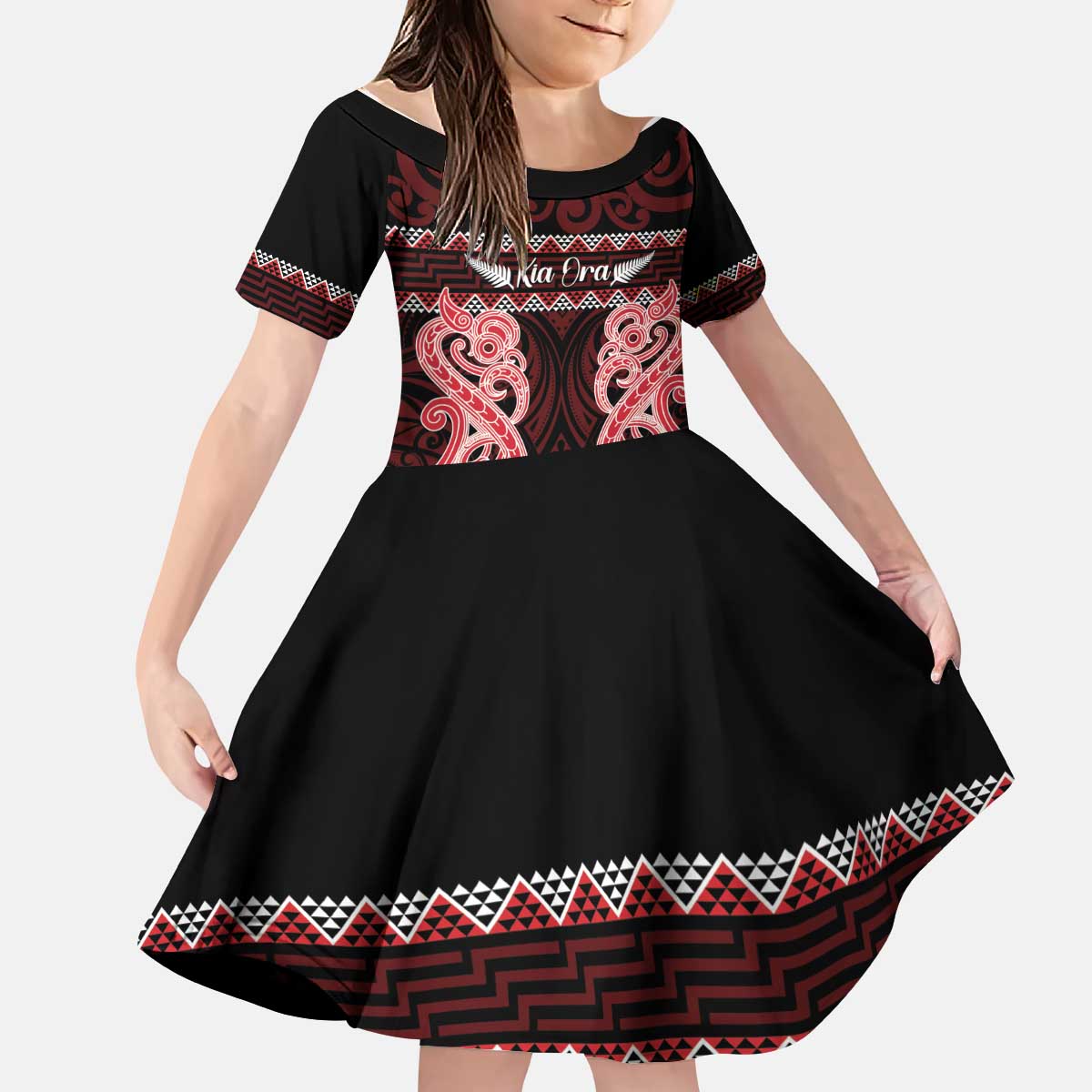 Kia Ora New Zealand Kid Short Sleeve Dress Maori Language Week Whero Taniko Motif LT14 KID Red - Polynesian Pride