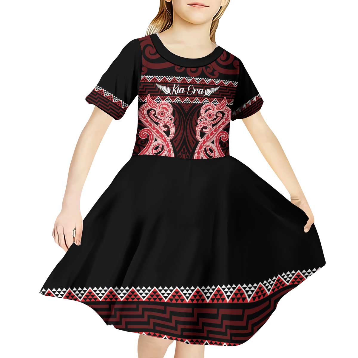 Kia Ora New Zealand Kid Short Sleeve Dress Maori Language Week Whero Taniko Motif LT14 - Polynesian Pride