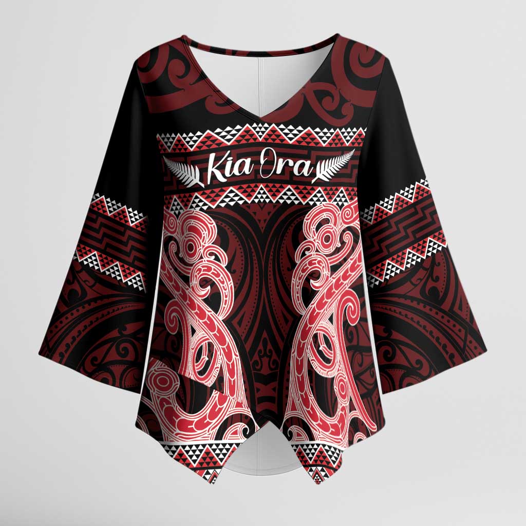 Kia Ora New Zealand Kimono Sleeve Blouse Maori Language Week Whero Taniko Motif LT14 Female Red - Polynesian Pride