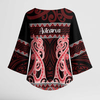 Kia Ora New Zealand Kimono Sleeve Blouse Maori Language Week Whero Taniko Motif LT14 - Polynesian Pride