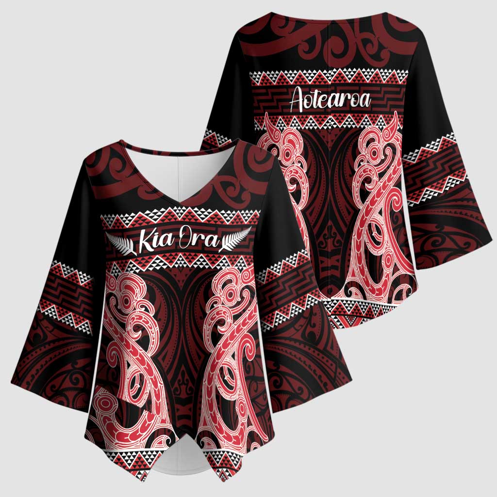 Kia Ora New Zealand Kimono Sleeve Blouse Maori Language Week Whero Taniko Motif LT14 - Polynesian Pride