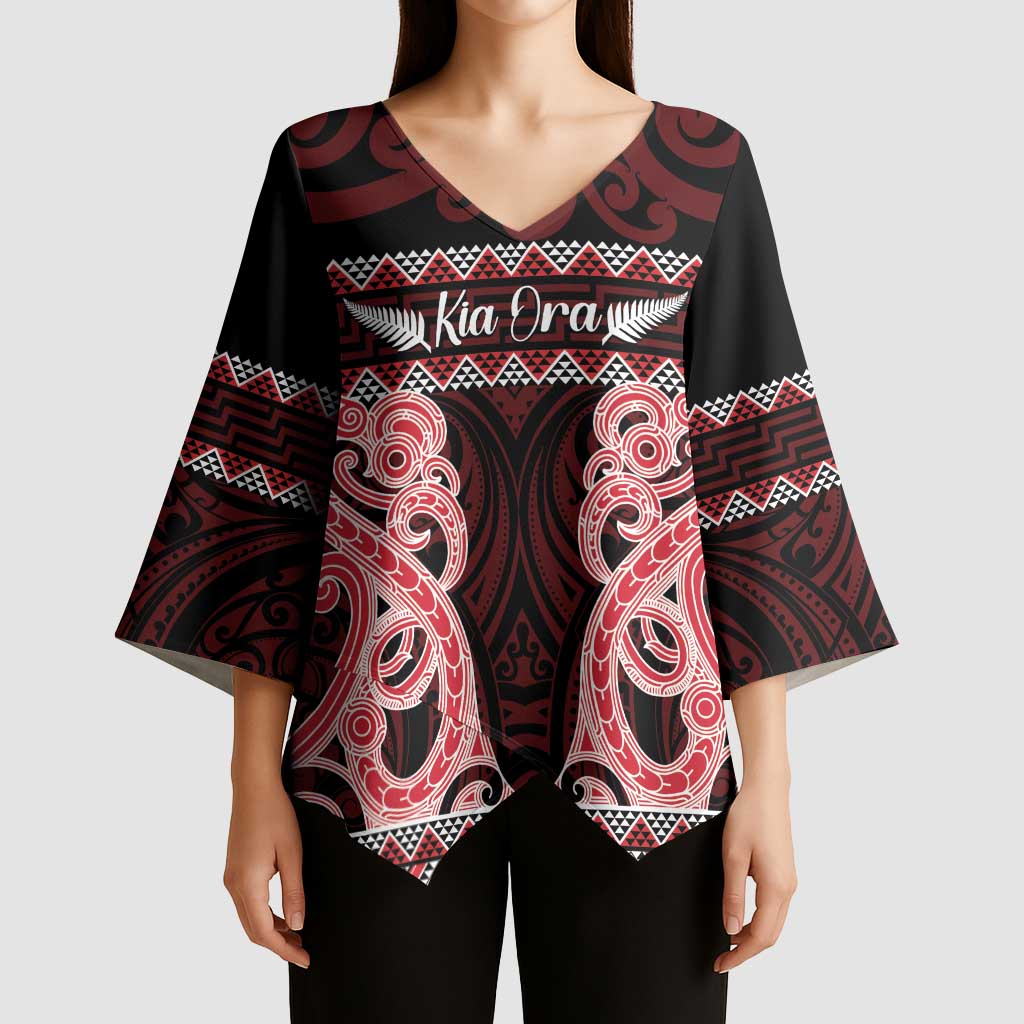 Kia Ora New Zealand Kimono Sleeve Blouse Maori Language Week Whero Taniko Motif LT14 - Polynesian Pride