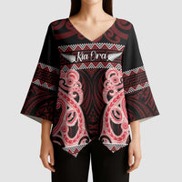 Kia Ora New Zealand Kimono Sleeve Blouse Maori Language Week Whero Taniko Motif LT14 - Polynesian Pride
