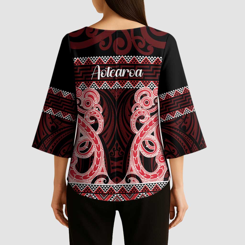 Kia Ora New Zealand Kimono Sleeve Blouse Maori Language Week Whero Taniko Motif LT14 - Polynesian Pride