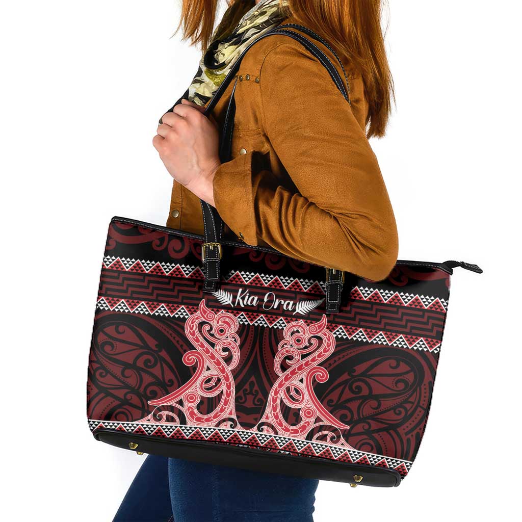 Kia Ora New Zealand Leather Tote Bag Maori Language Week Whero Taniko Motif LT14 Red - Polynesian Pride