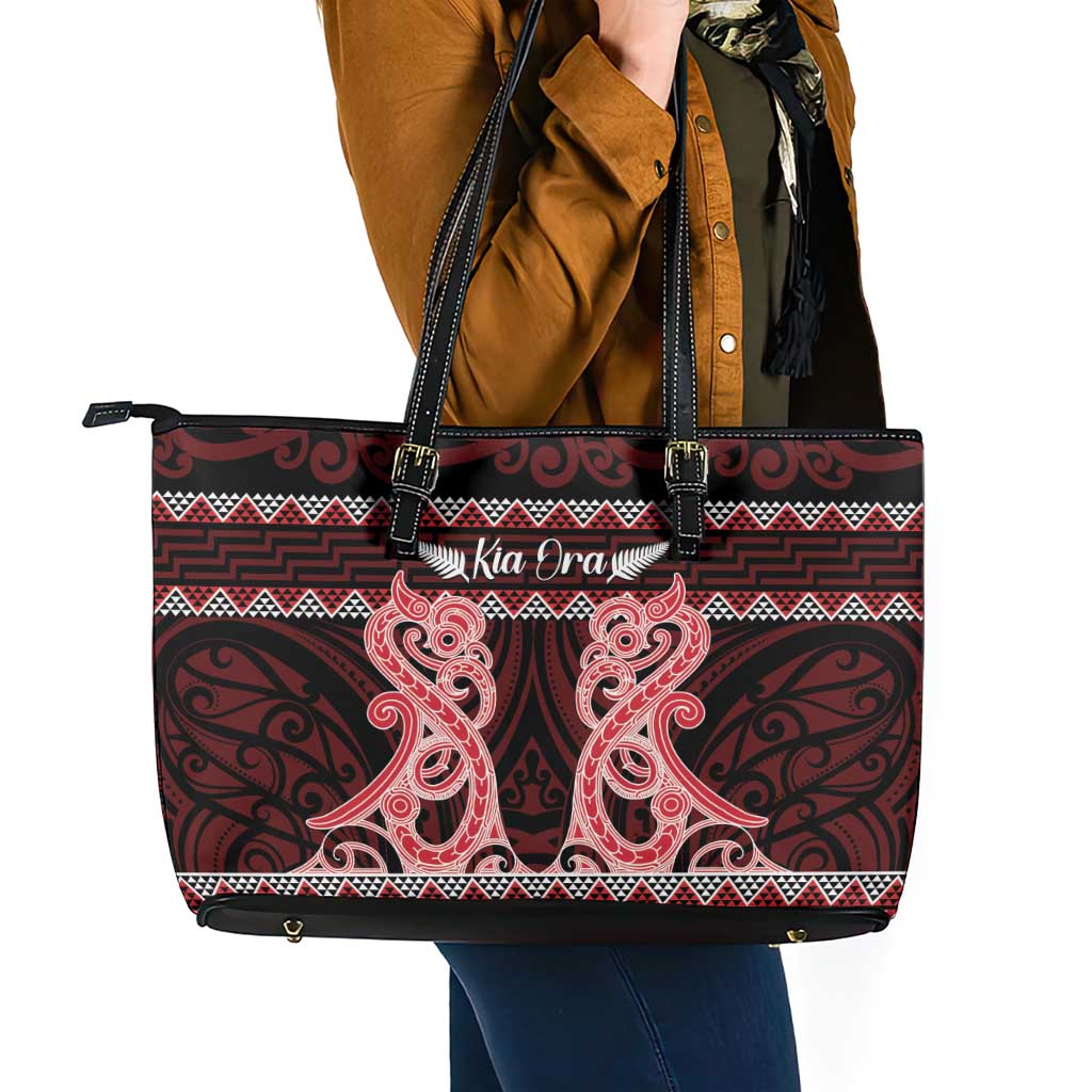 Kia Ora New Zealand Leather Tote Bag Maori Language Week Whero Taniko Motif LT14 - Polynesian Pride