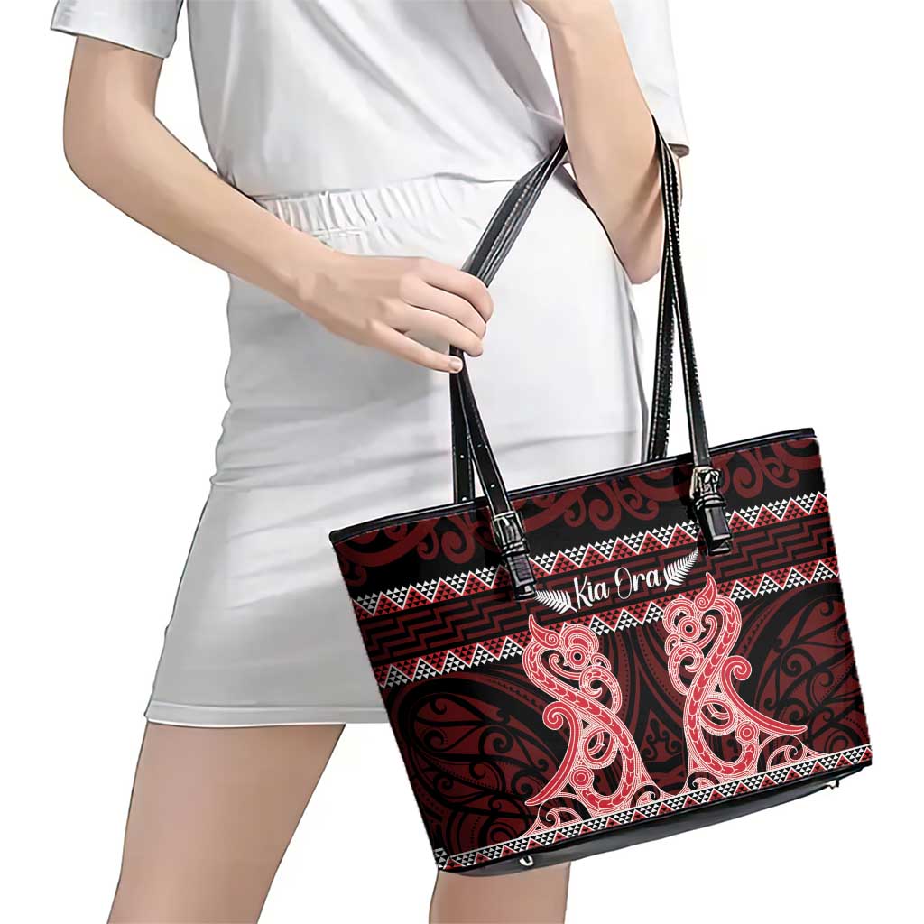 Kia Ora New Zealand Leather Tote Bag Maori Language Week Whero Taniko Motif LT14 - Polynesian Pride