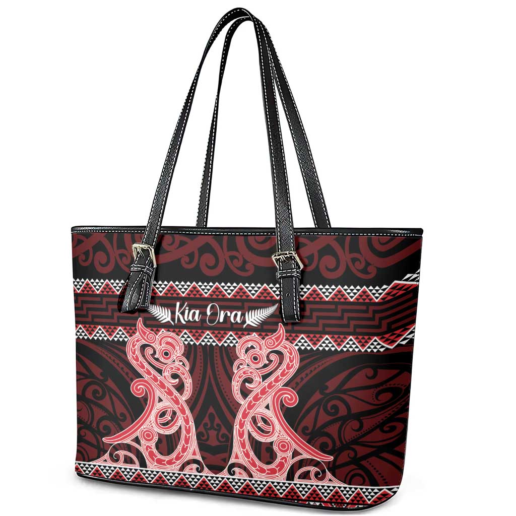 Kia Ora New Zealand Leather Tote Bag Maori Language Week Whero Taniko Motif LT14 - Polynesian Pride