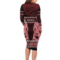 Kia Ora New Zealand Long Sleeve Bodycon Dress Maori Language Week Whero Taniko Motif LT14 - Polynesian Pride