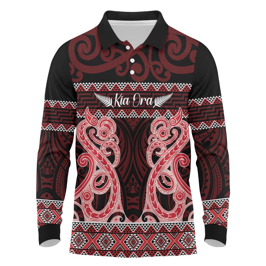 Kia Ora New Zealand Long Sleeve Polo Shirt Maori Language Week Whero Taniko Motif LT14 Red - Polynesian Pride