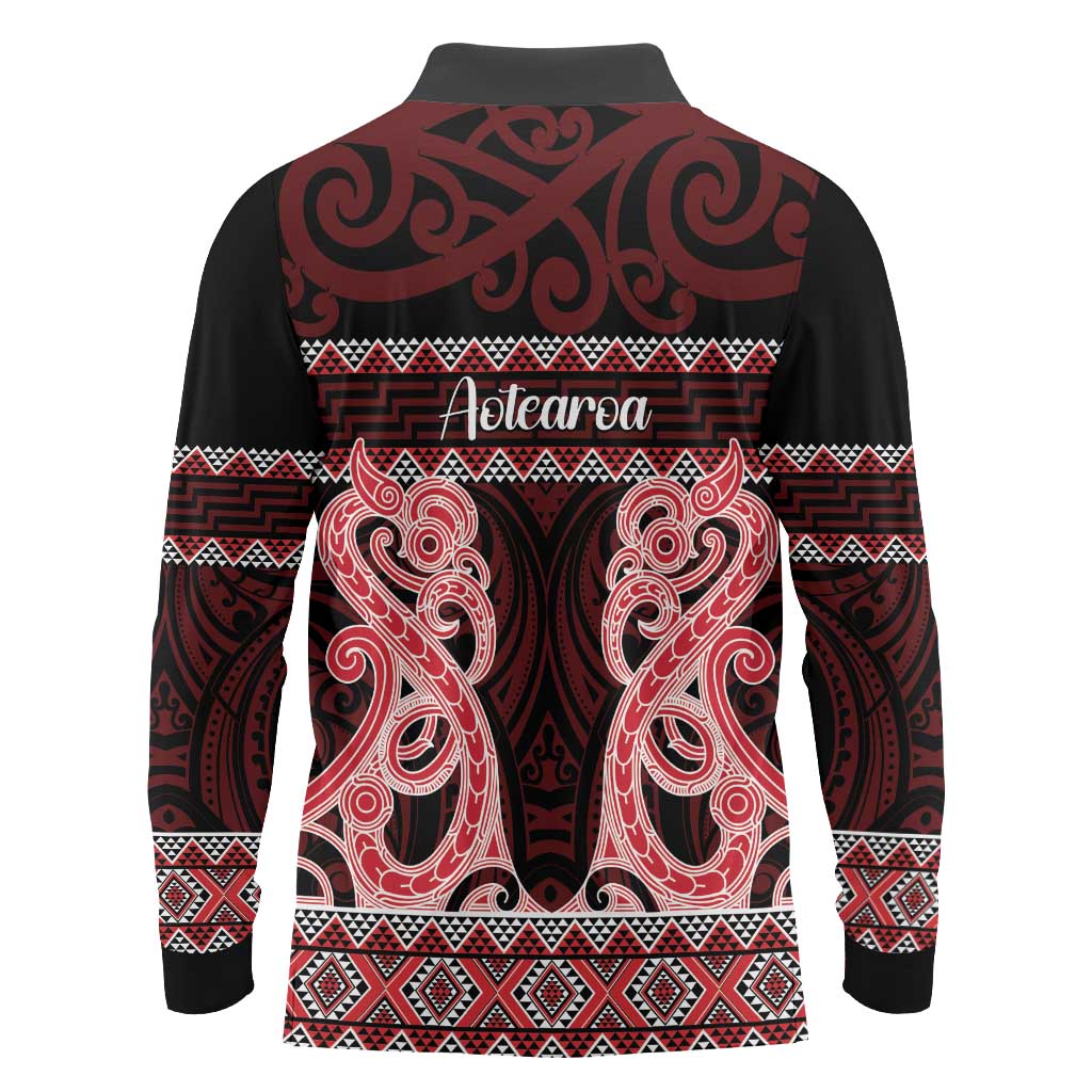 Kia Ora New Zealand Long Sleeve Polo Shirt Maori Language Week Whero Taniko Motif LT14 - Polynesian Pride