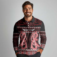 Kia Ora New Zealand Long Sleeve Polo Shirt Maori Language Week Whero Taniko Motif LT14 - Polynesian Pride