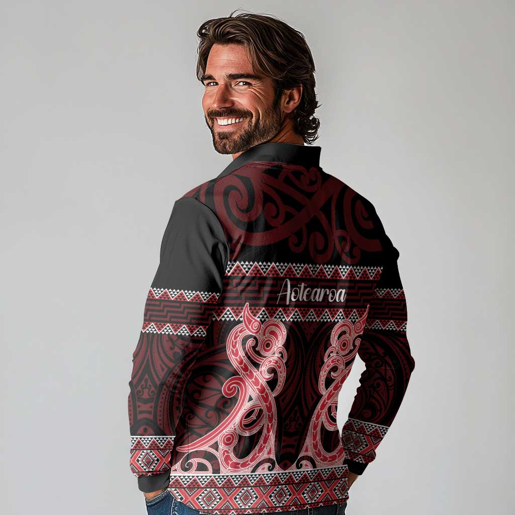 Kia Ora New Zealand Long Sleeve Polo Shirt Maori Language Week Whero Taniko Motif LT14 - Polynesian Pride