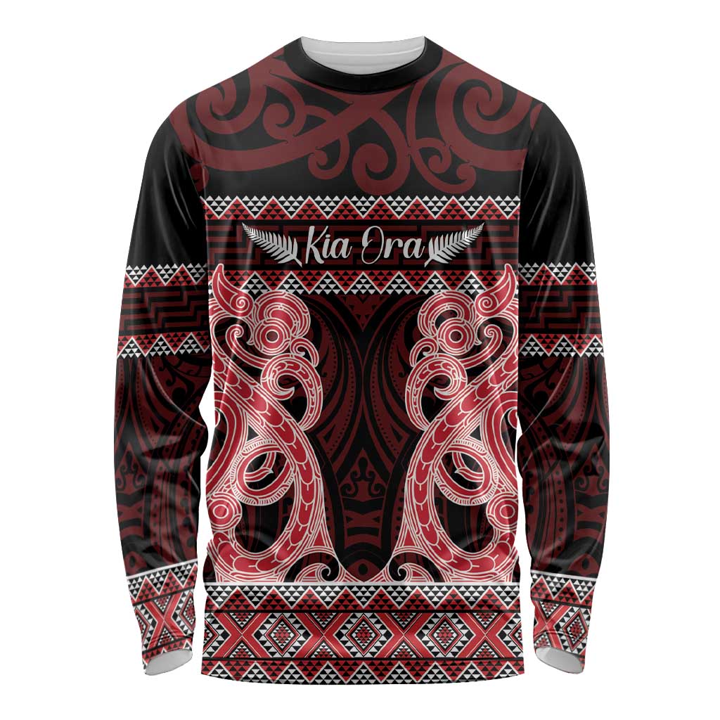 Kia Ora New Zealand Long Sleeve Shirt Maori Language Week Whero Taniko Motif LT14 Unisex Red - Polynesian Pride