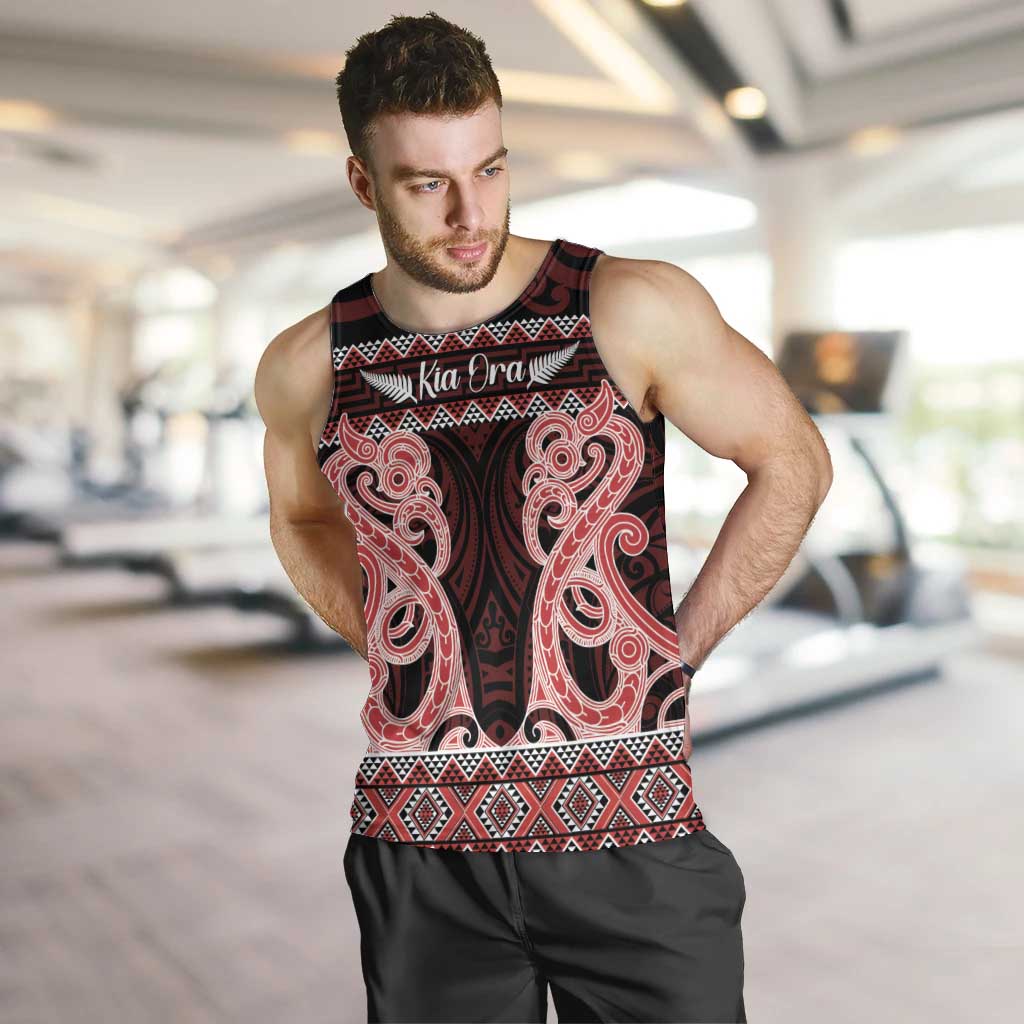 Kia Ora New Zealand Men Tank Top Maori Language Week Whero Taniko Motif LT14 Red - Polynesian Pride