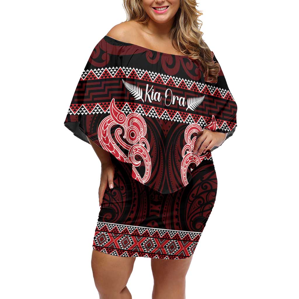 Kia Ora New Zealand Off Shoulder Short Dress Maori Language Week Whero Taniko Motif LT14 Women Red - Polynesian Pride