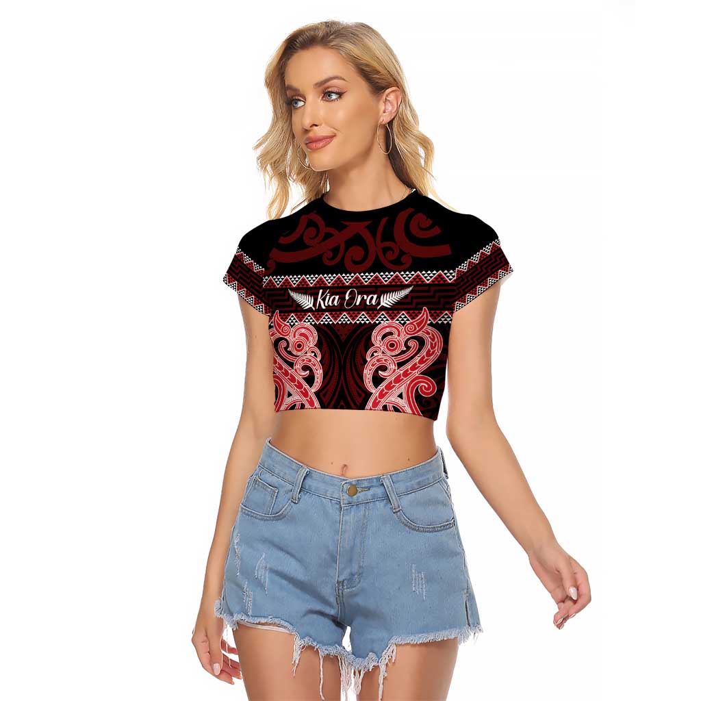 Kia Ora New Zealand Raglan Cropped T Shirt Maori Language Week Whero Taniko Motif LT14 Female Red - Polynesian Pride