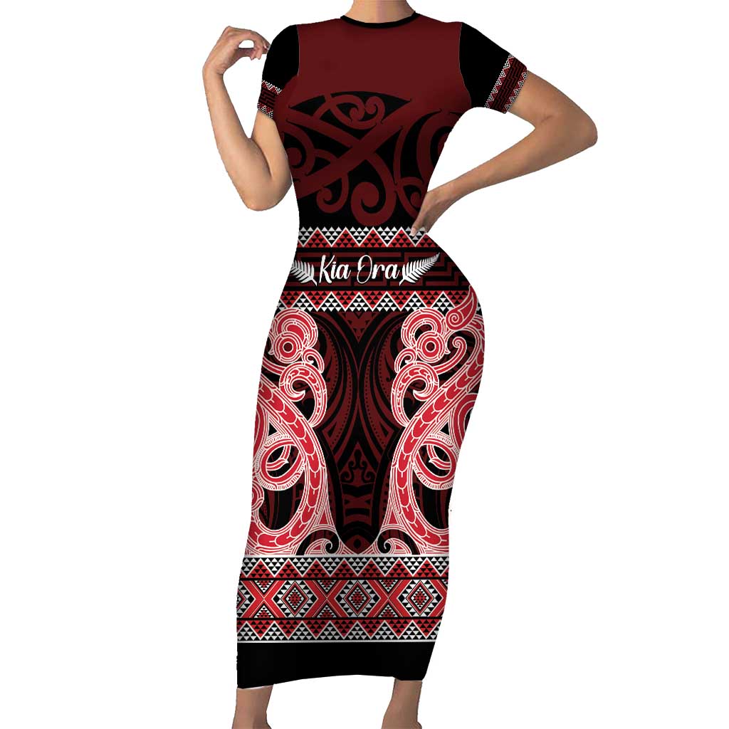 Kia Ora New Zealand Short Sleeve Bodycon Dress Maori Language Week Whero Taniko Motif LT14 Long Dress Red - Polynesian Pride
