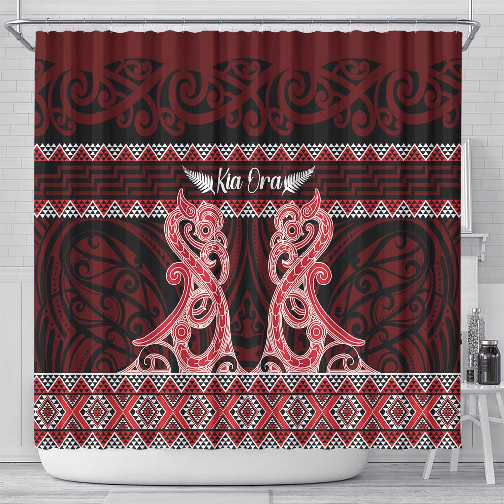 Kia Ora New Zealand Shower Curtain Maori Language Week Whero Taniko Motif LT14 - Polynesian Pride