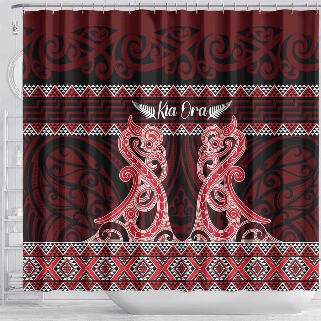 Kia Ora New Zealand Shower Curtain Maori Language Week Whero Taniko Motif LT14 - Polynesian Pride