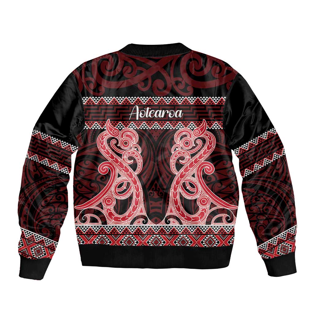 Kia Ora New Zealand Sleeve Zip Bomber Jacket Maori Language Week Whero Taniko Motif - Polynesian Pride