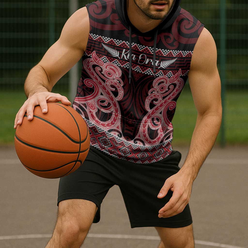 Kia Ora New Zealand Sleeveless Hoodie Maori Language Week Whero Taniko Motif LT14 - Polynesian Pride