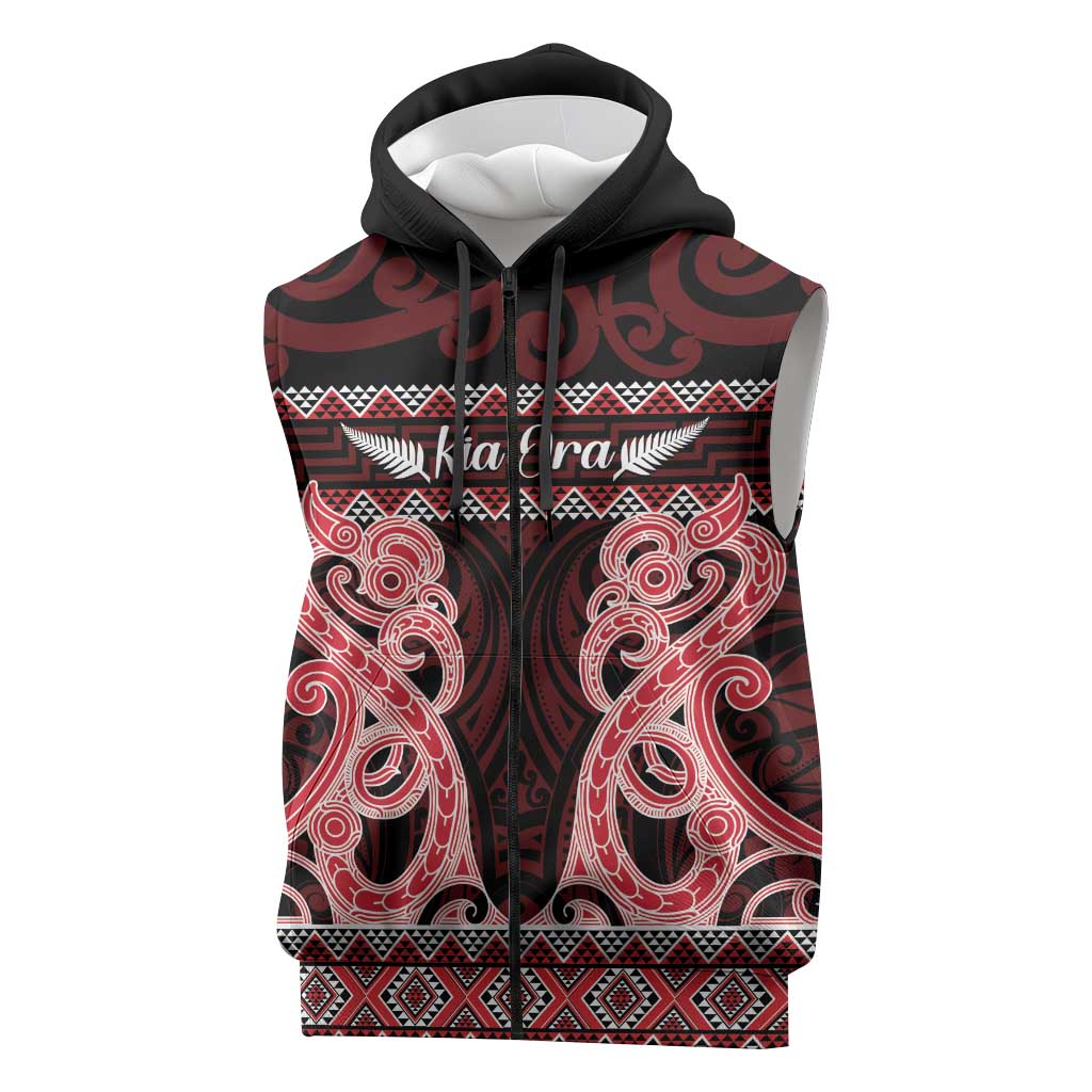 Kia Ora New Zealand Sleeveless Zip Hoodie Maori Language Week Whero Taniko Motif LT14 Red - Polynesian Pride