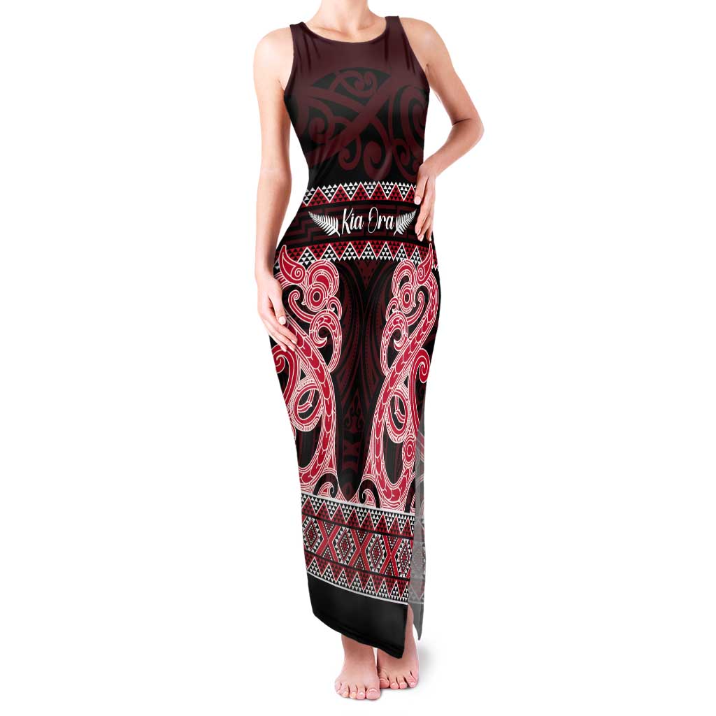 Kia Ora New Zealand Tank Maxi Dress Maori Language Week Whero Taniko Motif LT14 Women Red - Polynesian Pride