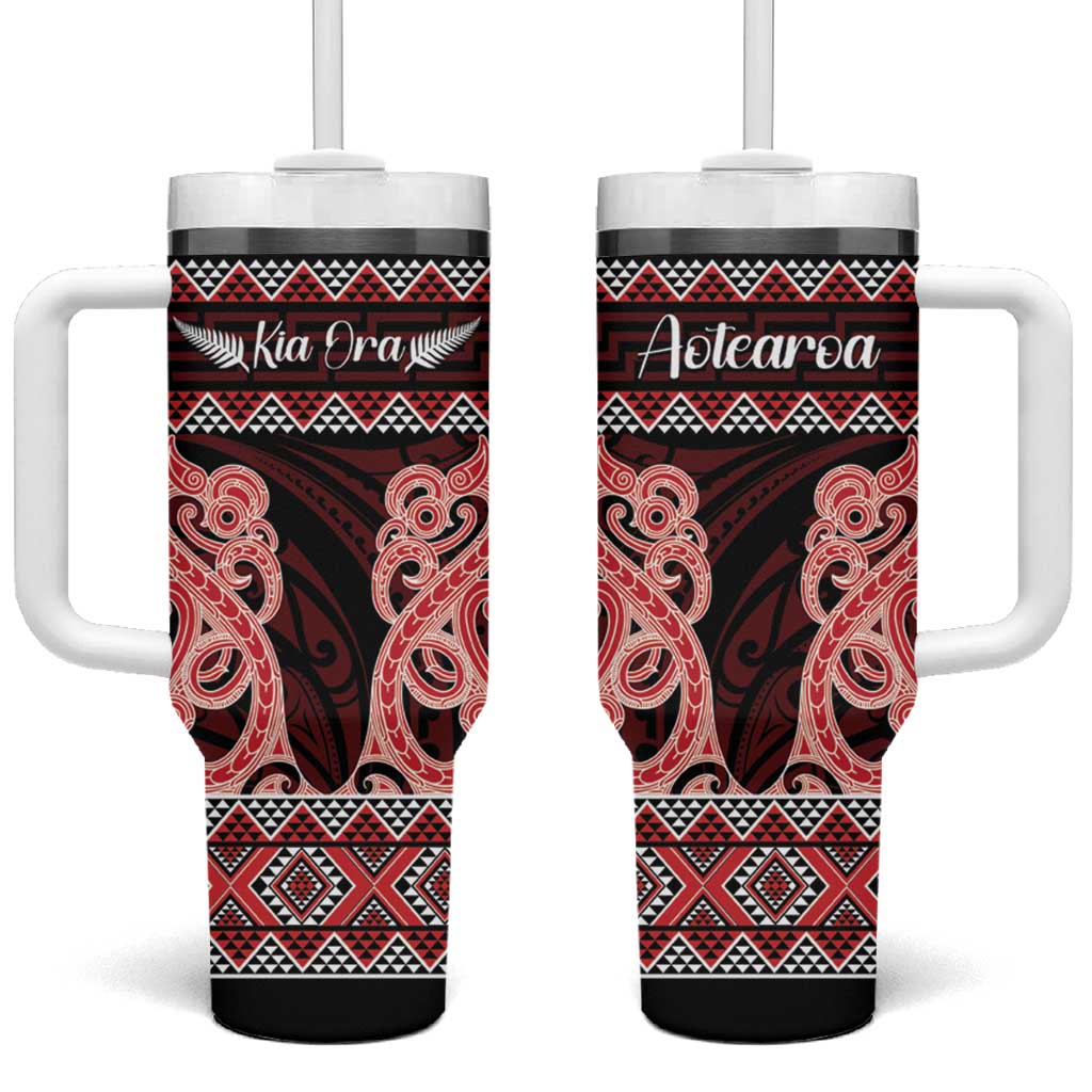 Kia Ora New Zealand Tumbler With Handle Maori Language Week Whero Taniko Motif LT14 One Size: 40 oz Red - Polynesian Pride